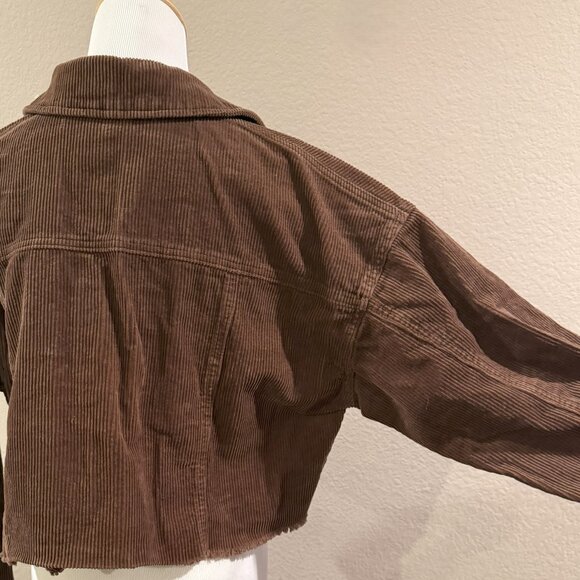 FOREVER21 Jacket Womens M Corduroy Frayed Cropped Button Front Brown - Picture 3 of 14